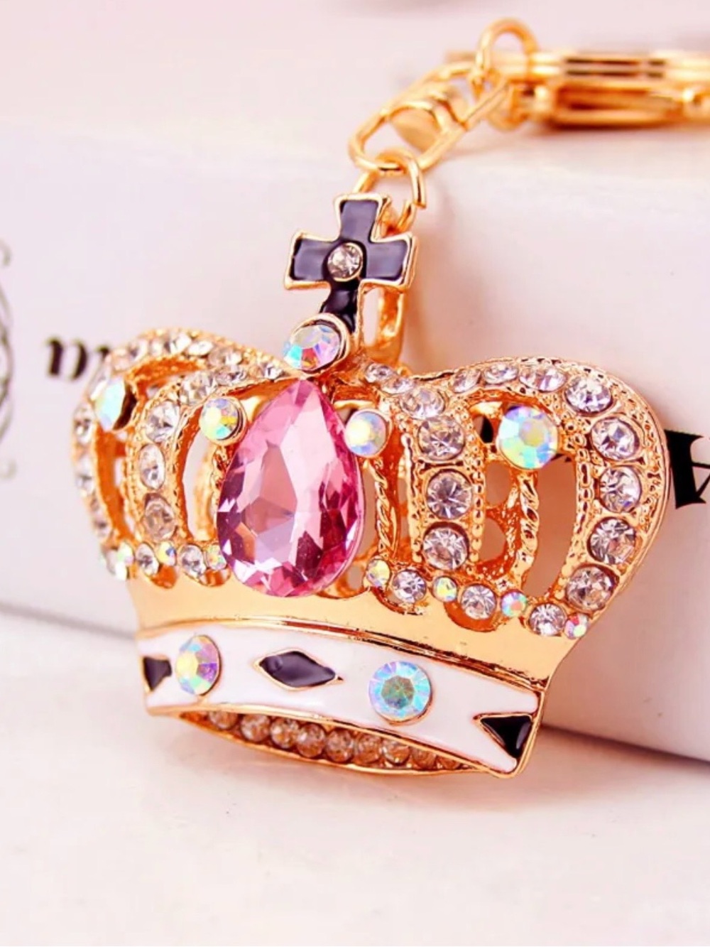Gold Tone Pink Crystal Crown Keychain Cross Purse Bag Charm NEW